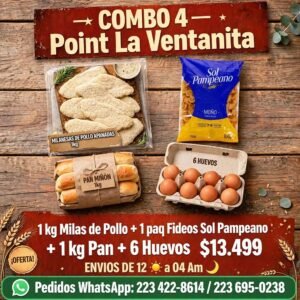 Combo 4 – 1 kg Milas de Pollo + 1 Paq Fideos Sol Pampeano + 1kg Pan + 6 Huevos