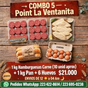 Combo 5 – 1kg Hamburguesas Carne (10 unid aprox) + 1 kg Pan + 6 Huevos