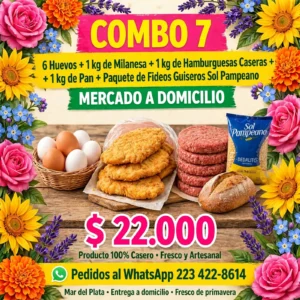 Combo 7 - 6 huevos + 1 kg de Milanesa + 1 kg de Hamburguesas Caseras + 1 kg de Pan + Paquete de Fideos Guiseros Sol Pamepano